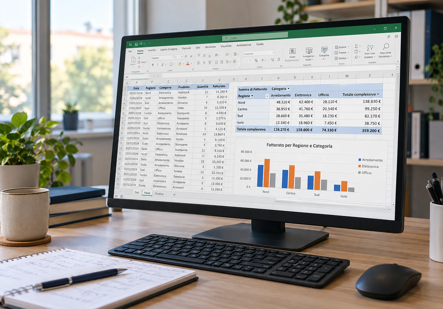 Excel Avanzato — monitor laterale con tabella pivot e grafico di dati.