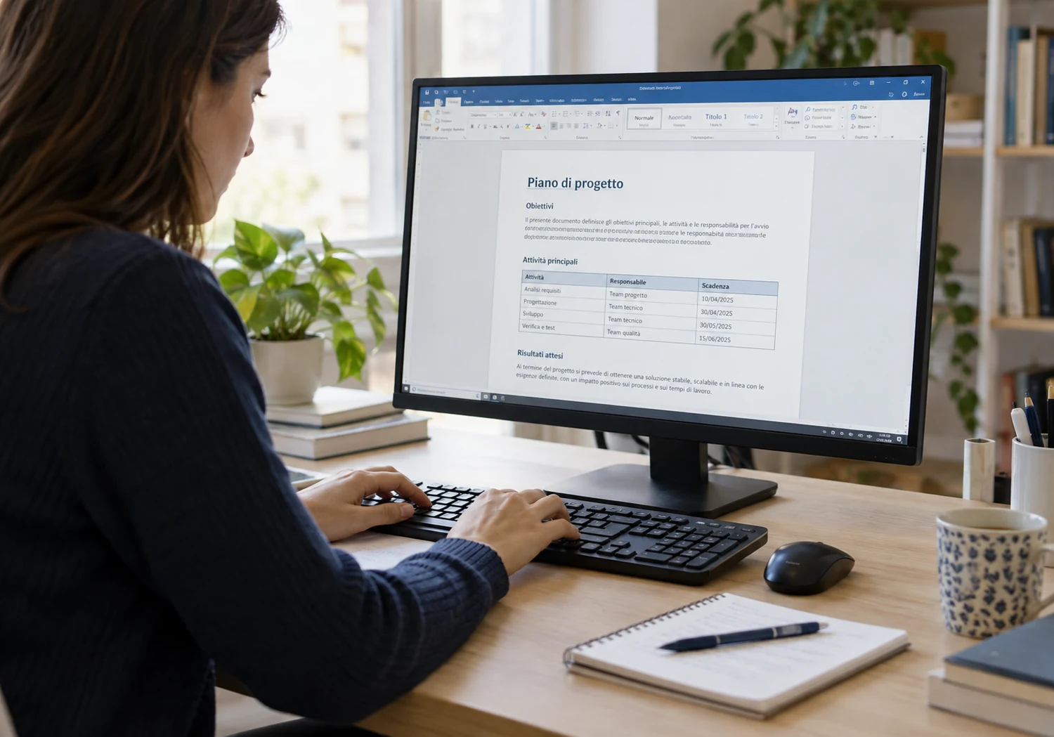 Microsoft Word — adulto parzialmente visibile, monitor con documento impaginato.