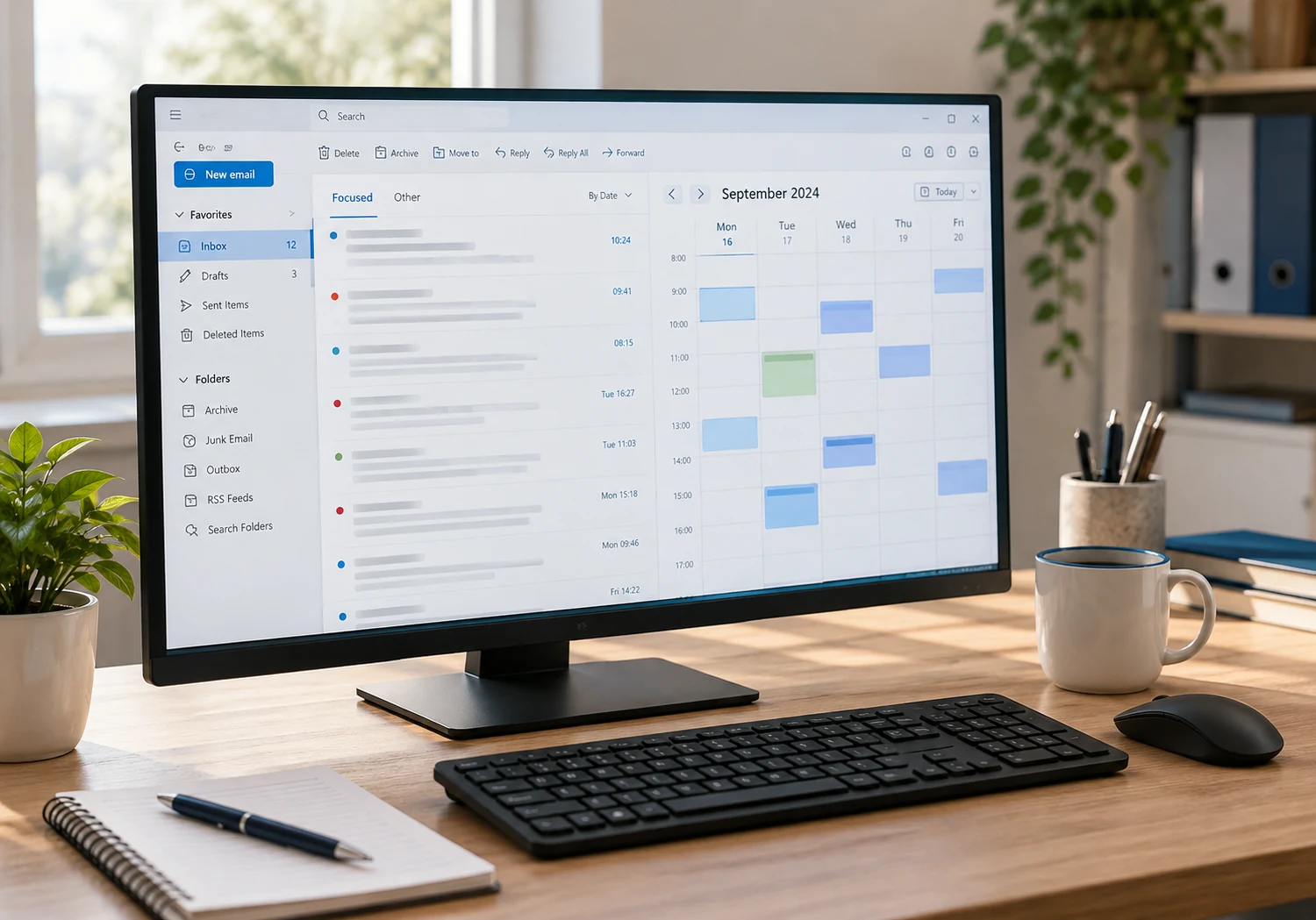 Outlook e posta elettronica — postazione con casella email e calendario sul monitor.