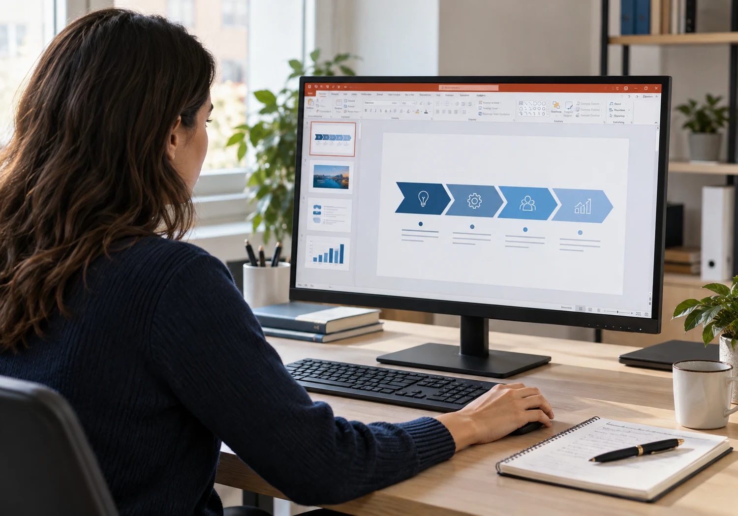 PowerPoint — monitor con slide in costruzione e due miniature.