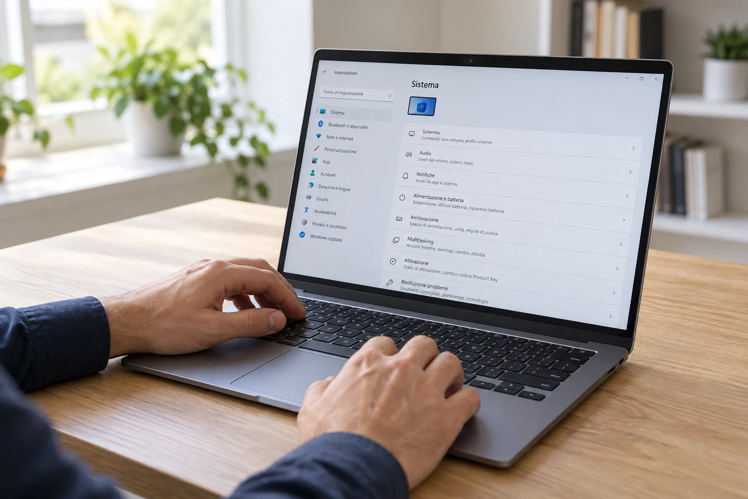 assistenza informatica — verifica delle impostazioni di un notebook durante un intervento di assistenza software.