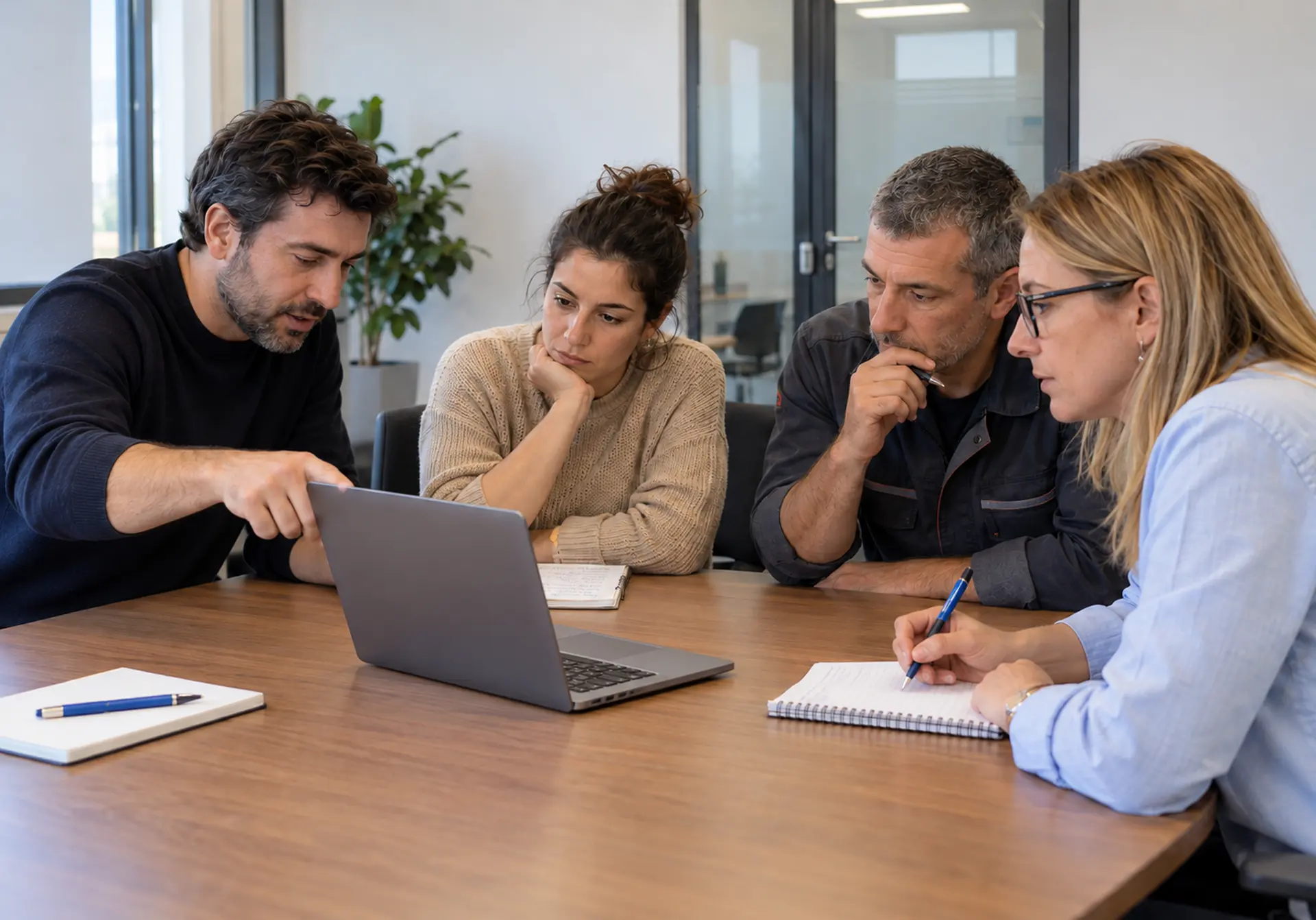 formazione digitale aziendale — un formatore guida un piccolo gruppo di professionisti durante un esercizio.