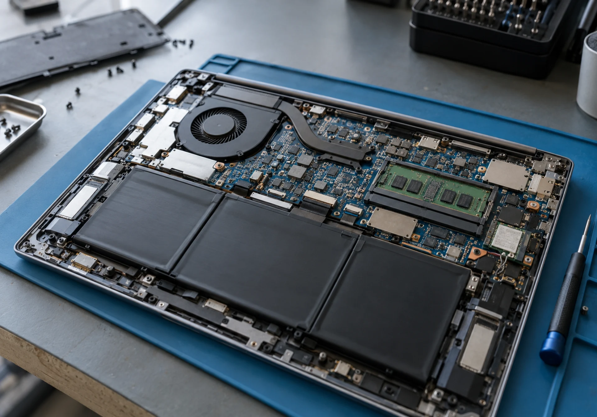 Assistenza informatica: componenti interni di un computer portatile aperto per la diagnosi.