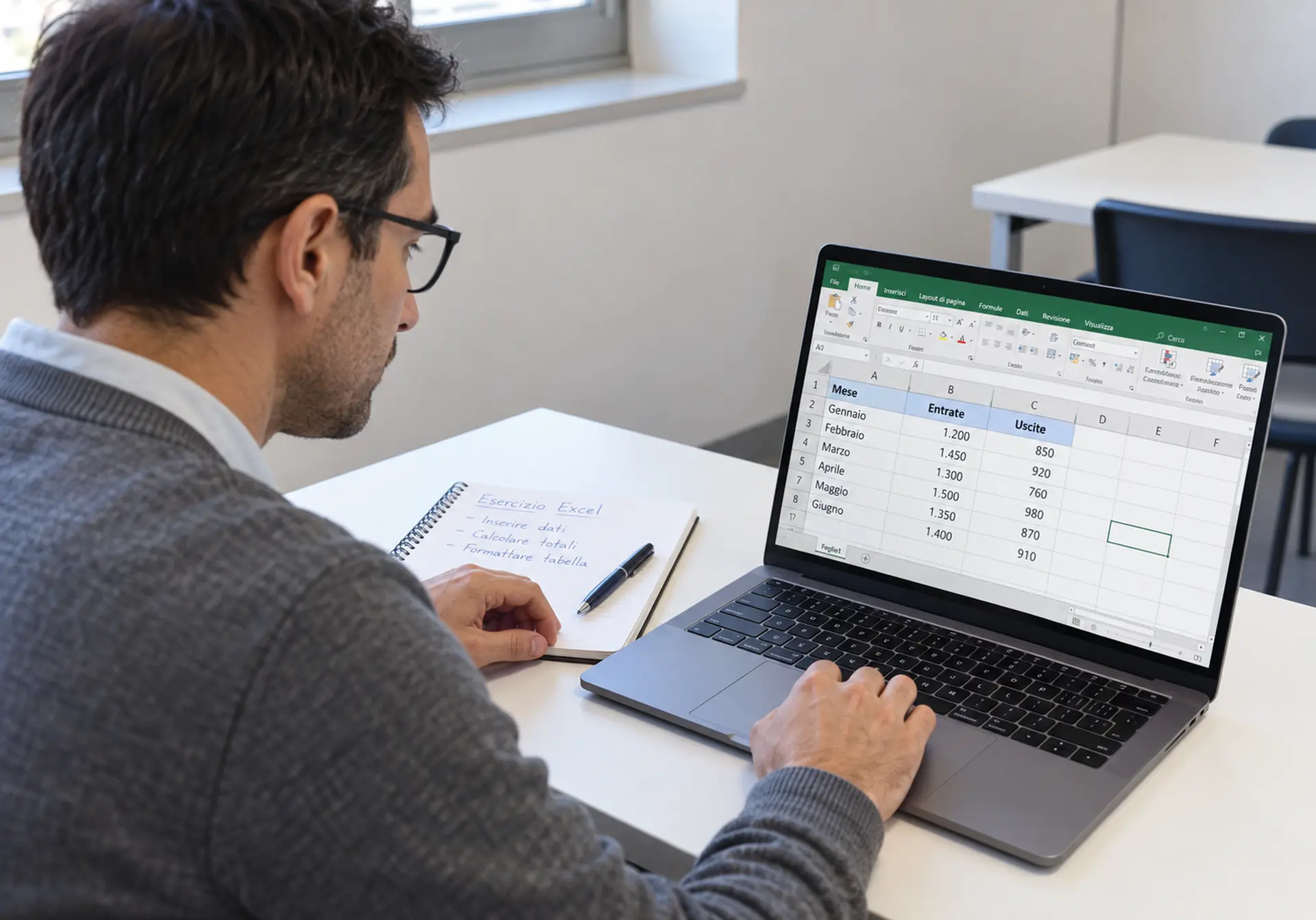 Excel Base — una persona svolge un esercizio su una tabella Excel.