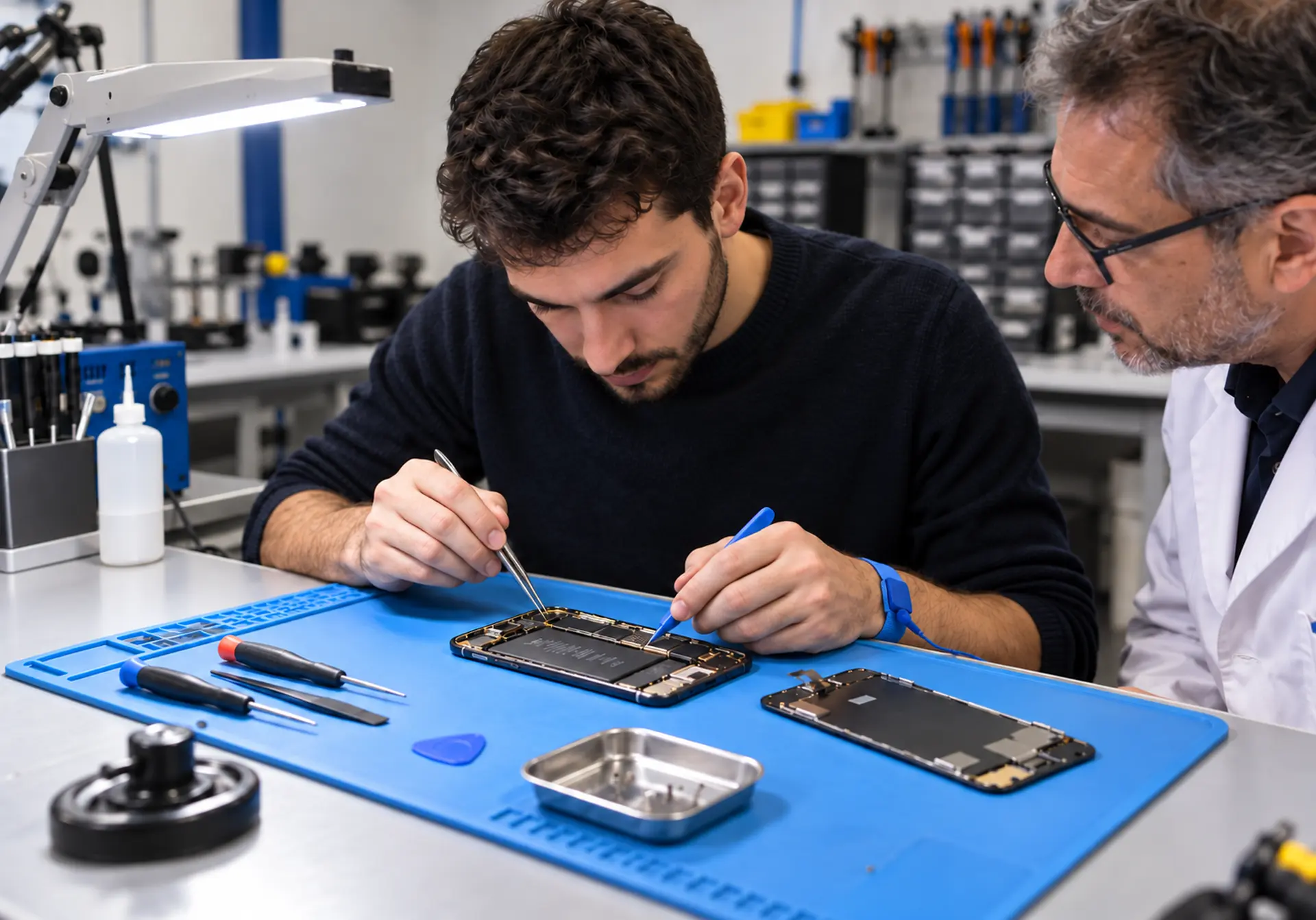 Riparazione smartphone e tablet base — un corsista utilizza strumenti di precisione su uno smartphone aperto, affiancato dal docente in laboratorio.